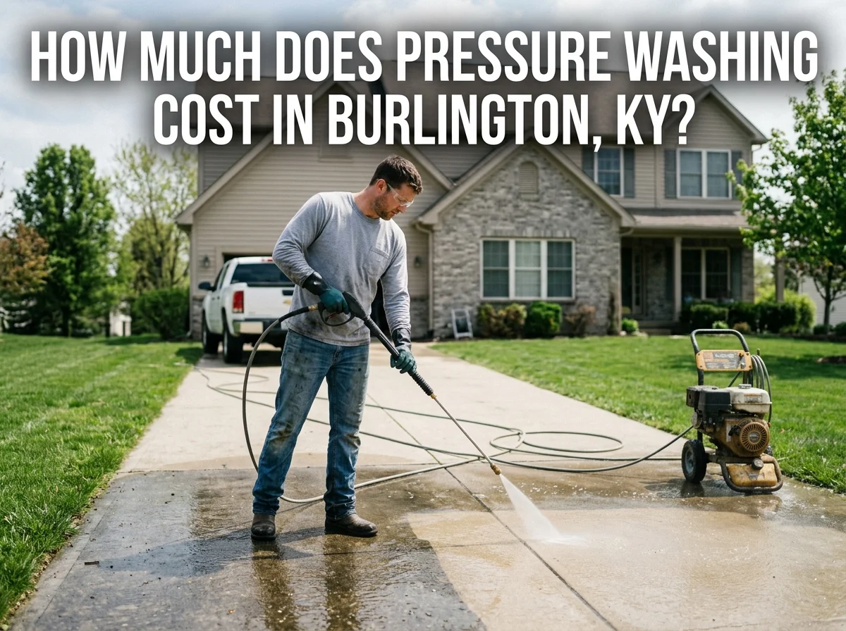 Man pressure washing a concrete driveway at a Burlington KY home
