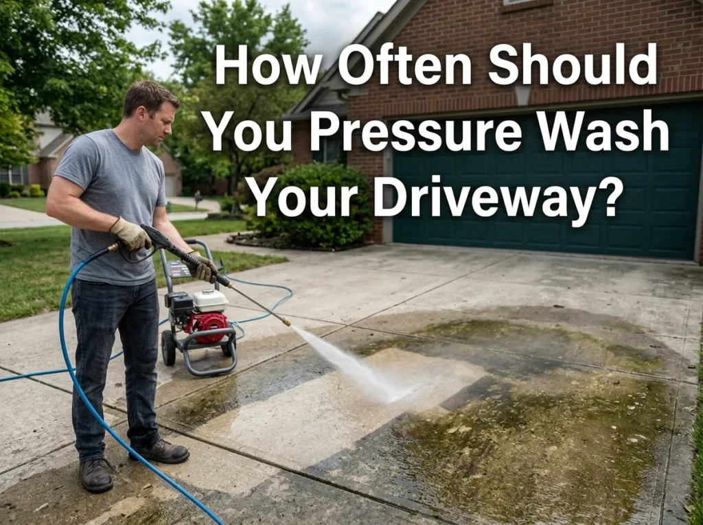 Man pressure washing a concrete driveway outside a brick home