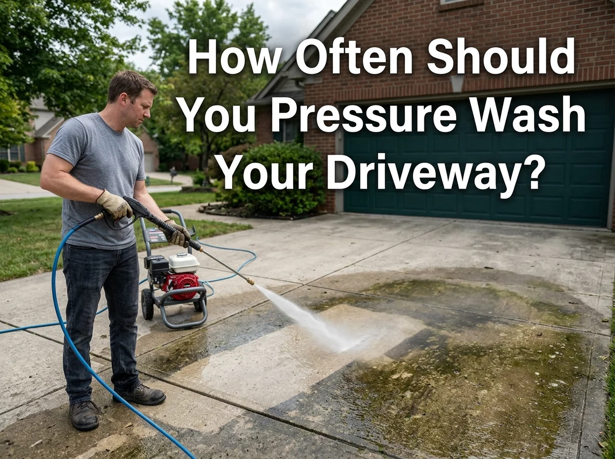 Man pressure washing a concrete driveway outside a brick home