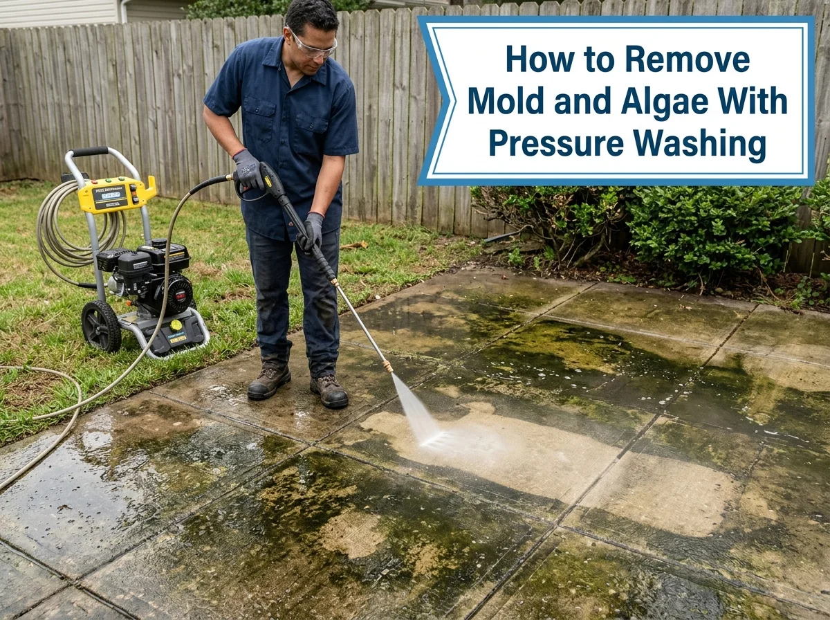 Man pressure washing mold and algae off a concrete patio with a gas washer