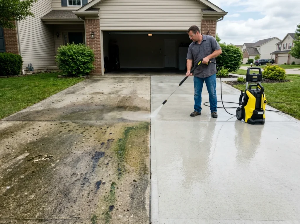 Pressure washing a driveway with visible dirt on one side and clean concrete on the other
