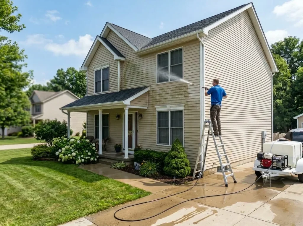 Worker on ladder pressure washing dirty siding of two-story beige suburban home with pressure washer trailer