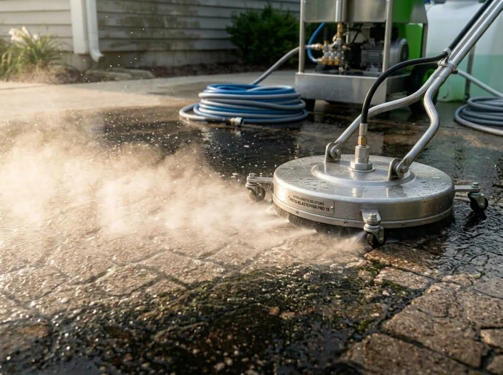 Professional pressure washing equipment cleaning a stained concrete patio surface