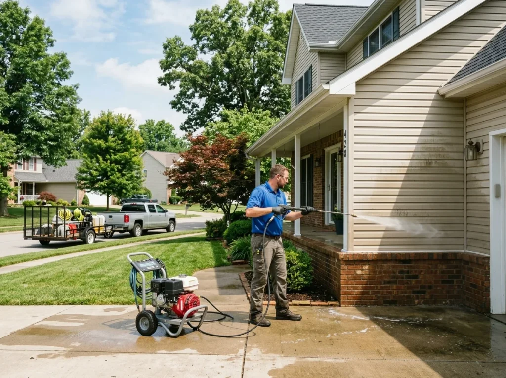 Pressure washing technician cleaning a home's siding in Burlington KY
