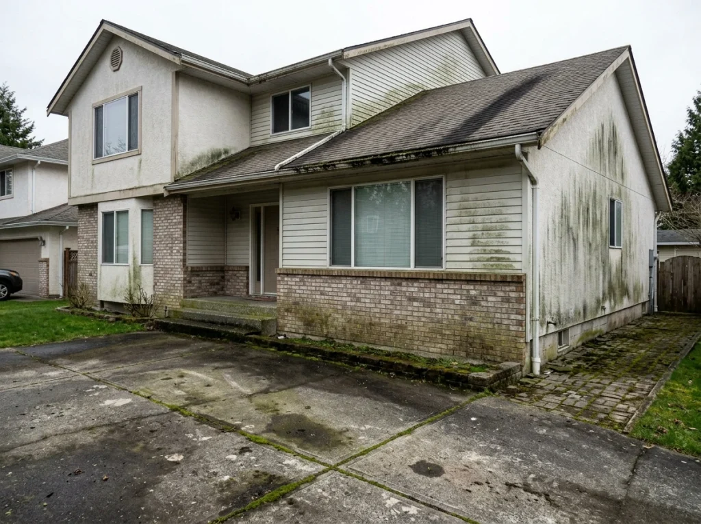 House with green algae stains on siding and dirty driveway needing pressure washing
