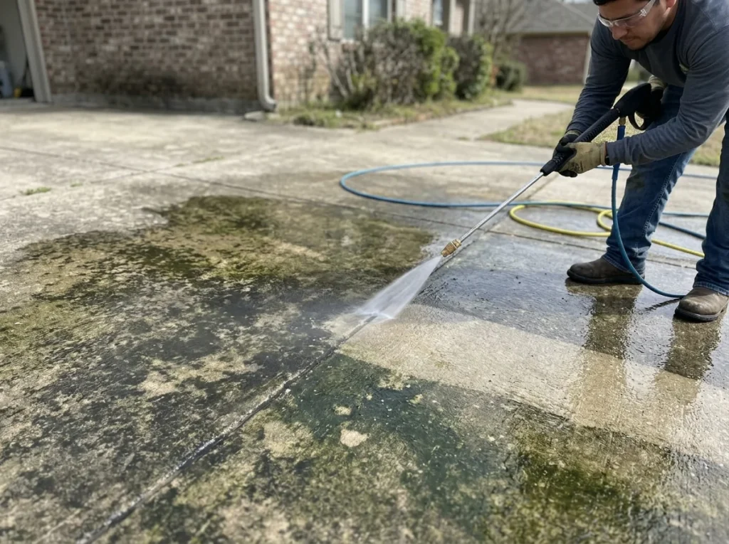 Technician pressure washing mold and algae off concrete with visible clean strip