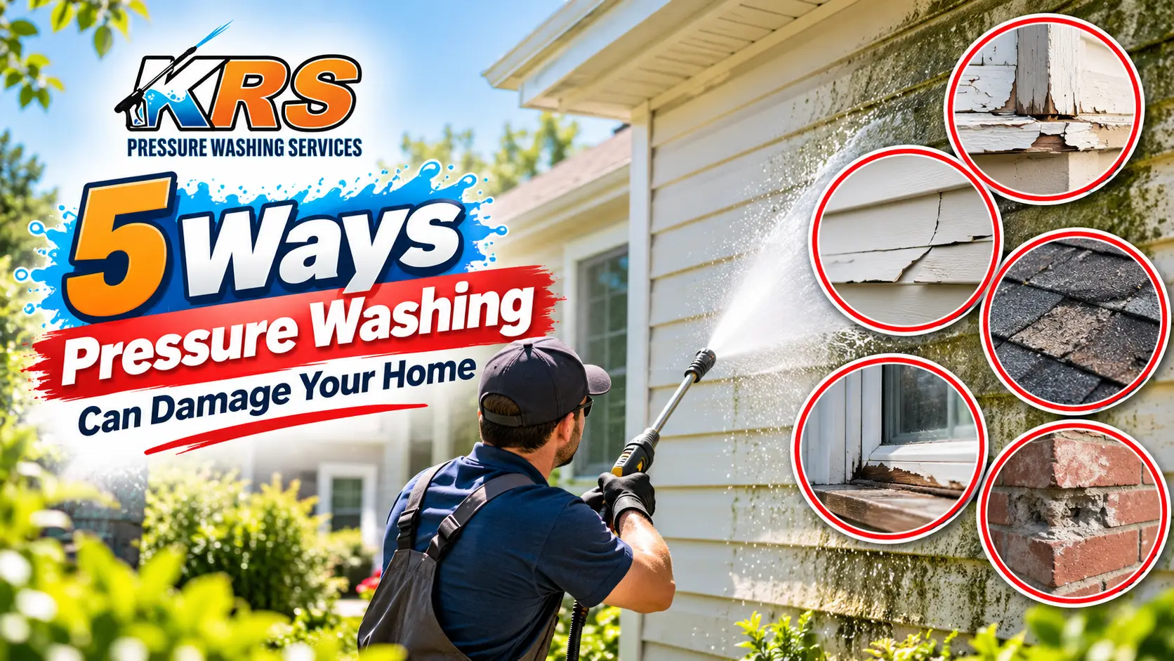 A pressure washing professional demonstrates safe exterior cleaning, while an infographic warns homeowners about five common types of pressure washing damage to wood, vinyl, shingles, windows, and brick.