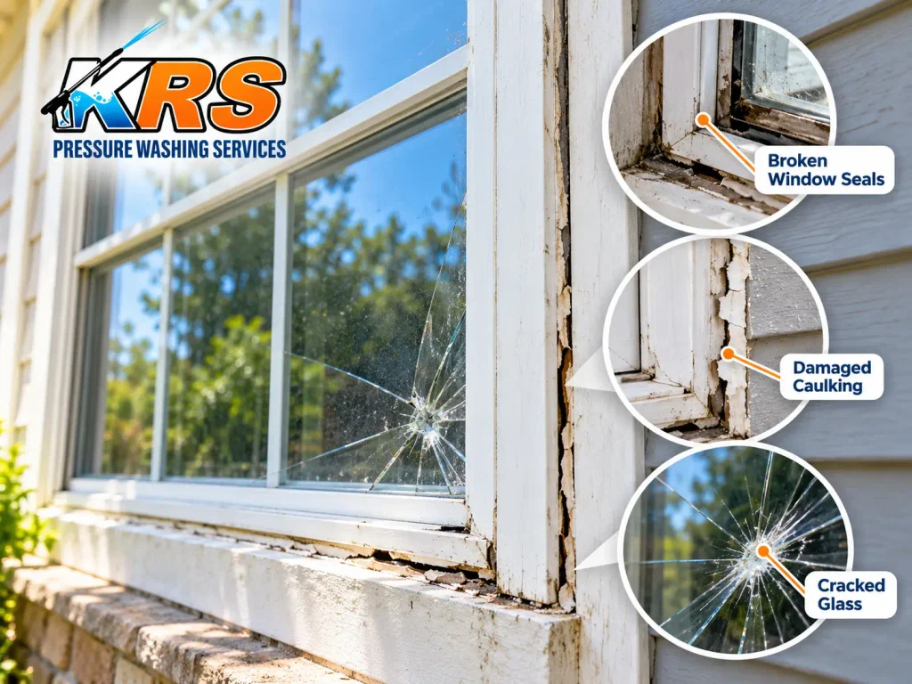 A KRS Pressure Washing Services graphic showing a window damaged by incorrect pressure washing, with labeled callouts identifying broken window seals, damaged caulking, and cracked glass to warn homeowners about improper techniques.