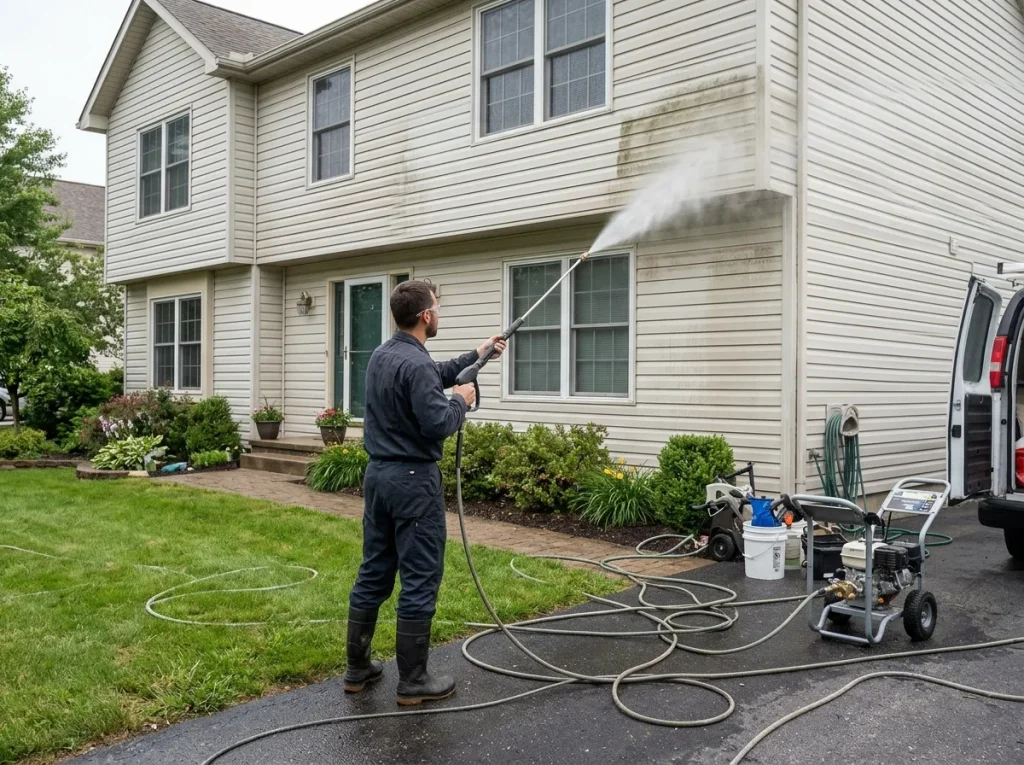 Professional house washing service: A technician pressure washes the exterior siding of a two-story home, with hoses running across the lawn and a mobile cleaning unit parked in the driveway.