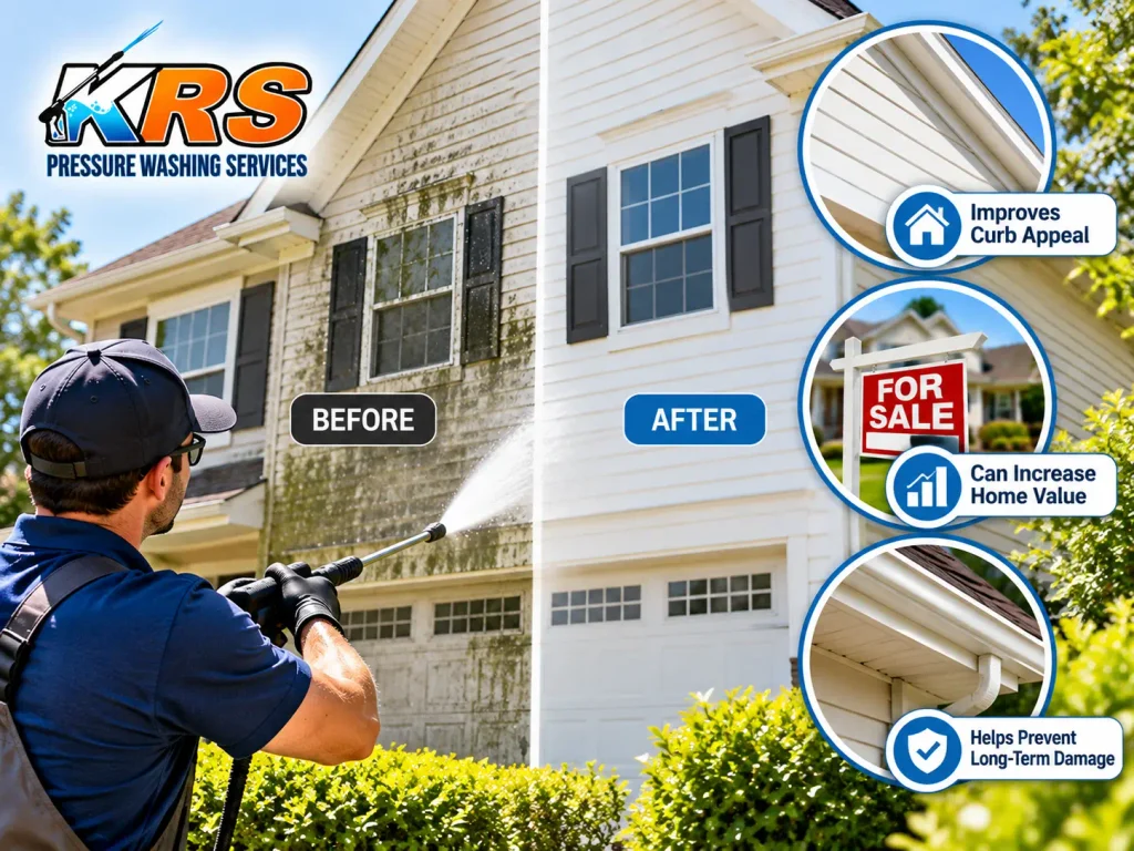 Before-and-after comparison of a house exterior cleaned by KRS Pressure Washing Services, showing how pressure washing removes dirt and algae, improves curb appeal, and prepares a home for sale.