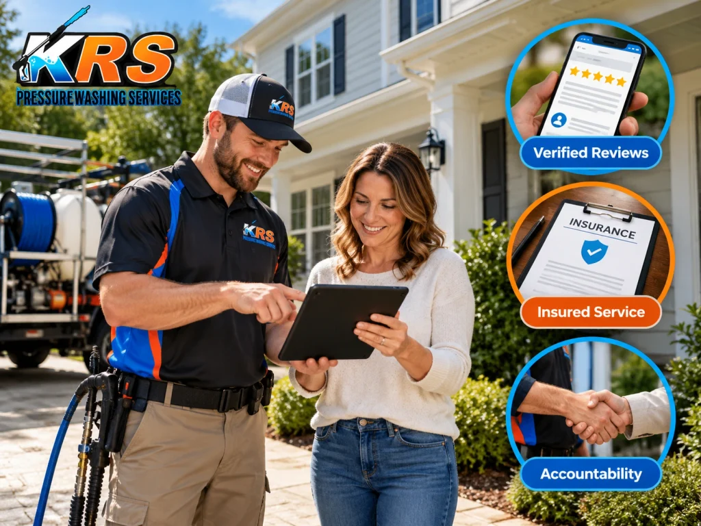Homeowner reviewing house washing services with an insured pressure washing professional in Cincinnati, Ohio
