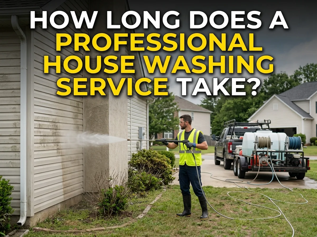 A house washing professional actively spraying a stream of water onto the exterior wall of a home to remove dirt and grime, demonstrating the power washing process while a mobile cleaning unit sits on the street behind him.