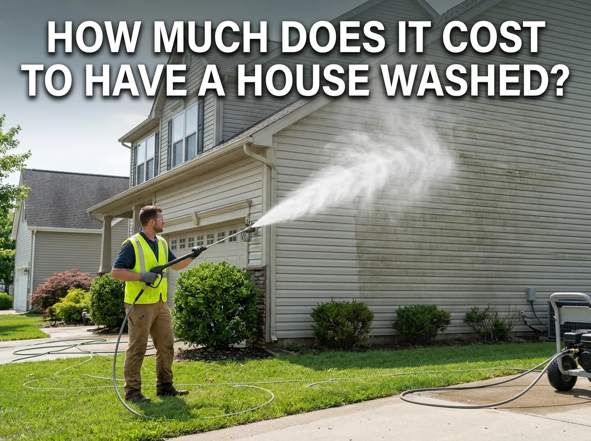 A house washing technician actively spraying a high-pressure stream of water onto the exterior siding of a residential home, demonstrating the cleaning process that determines exterior washing costs.