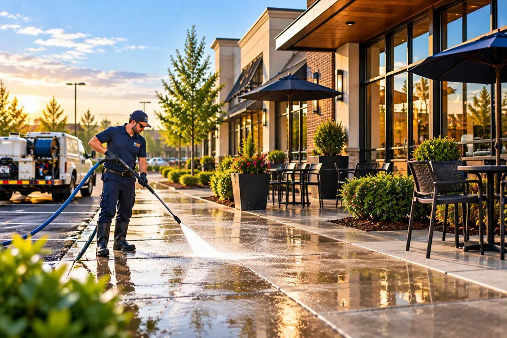 KRS Pressure Washing Services technician pressure washing a commercial restaurant walkway, removing dirt and grime to maintain clean, safe, and attractive business exteriors.