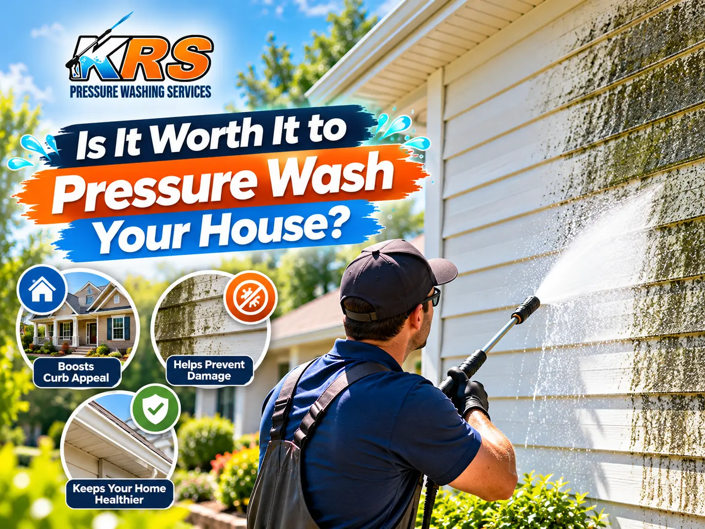 KRS Pressure Washing Services technician cleaning dirty house siding, highlighting the benefits of pressure washing for curb appeal, exterior maintenance, and a cleaner home.