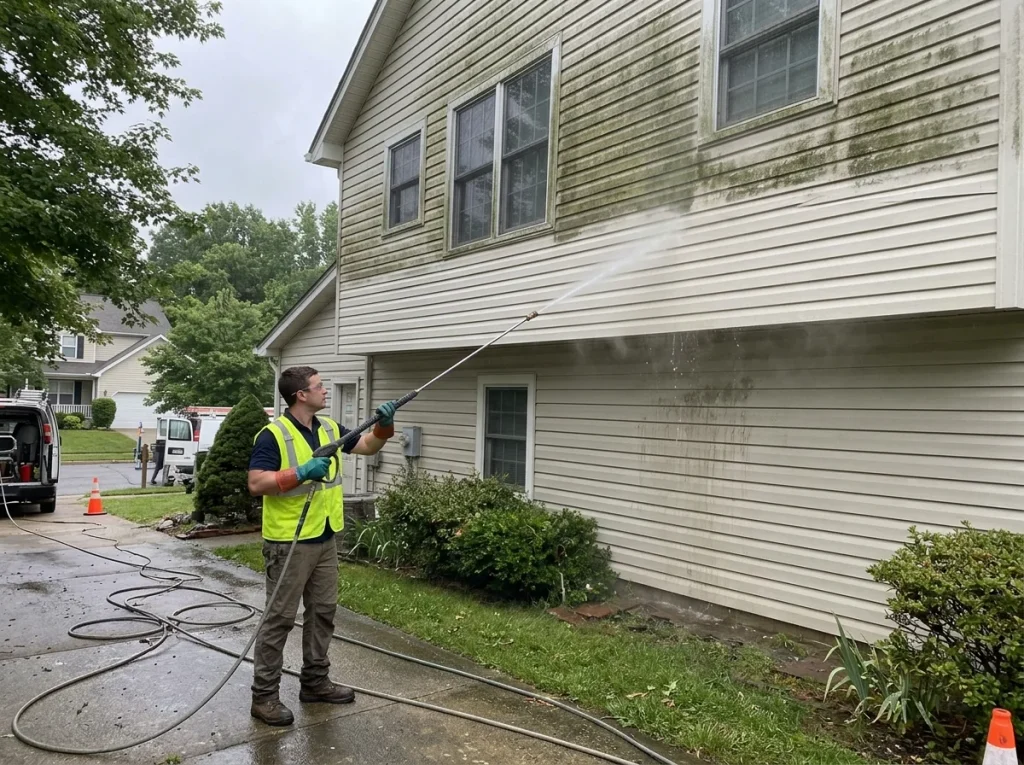 Professional house washing service: A technician pressure washes the vinyl siding of a two-story home, removing green mildew and algae while standing on the driveway with a mobile cleaning setup nearby.