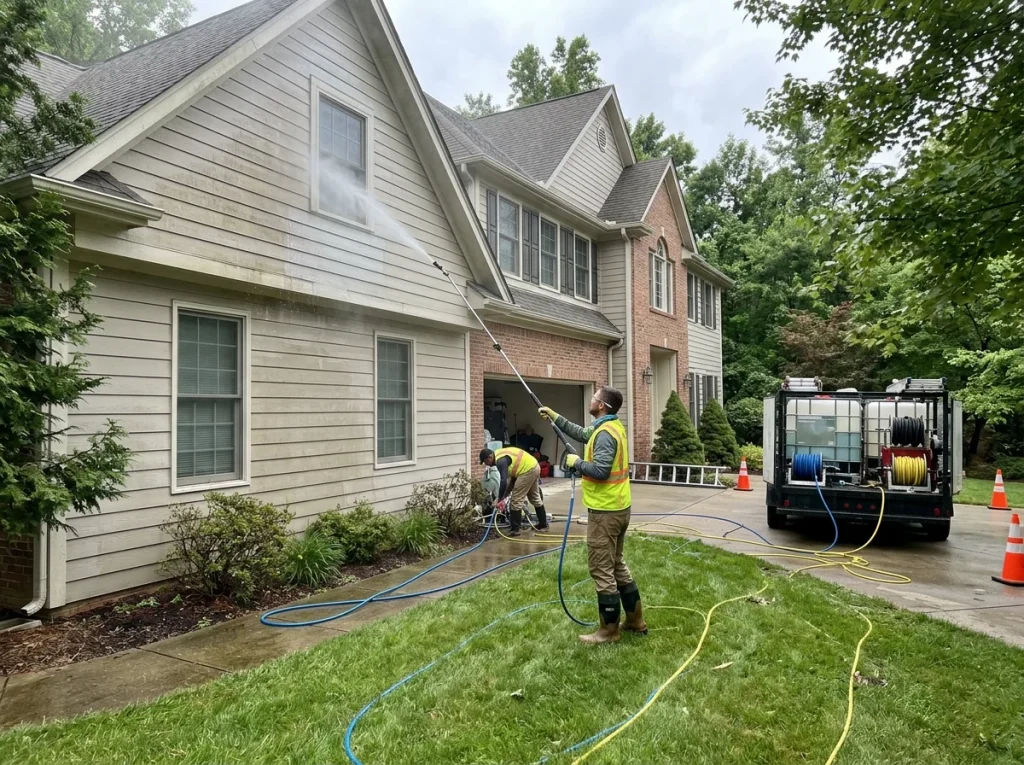 Two professional house washing technicians in high-visibility vests cleaning the exterior of a large, two-story home, with one spraying the upper siding and the other working near the garage, while a truck-mounted pressure washing trailer with hose reels sits in the driveway.