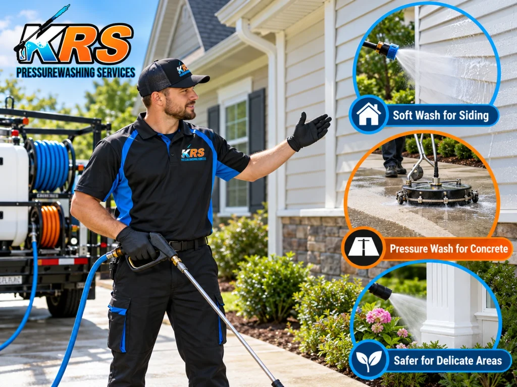 Pressure washing professional cleaning house siding and concrete with soft washing and surface-safe techniques
