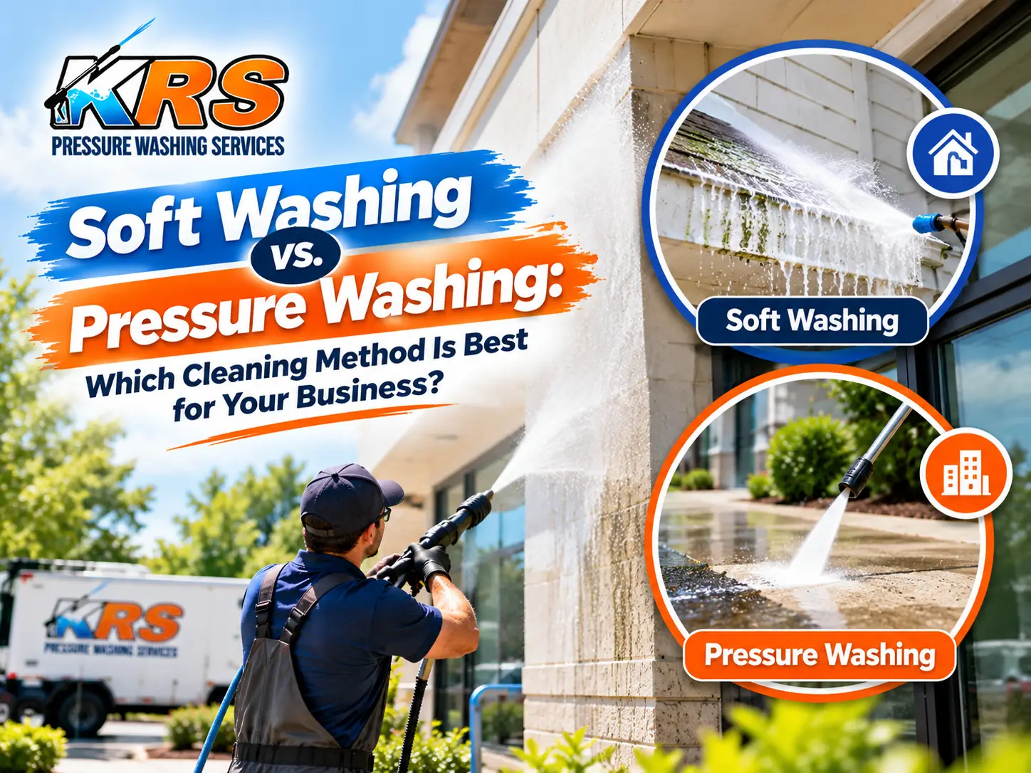 KRS Pressure Washing Services comparing soft washing and pressure washing methods for commercial buildings, showing gentle low-pressure cleaning for exterior siding and high-pressure cleaning for concrete surfaces.