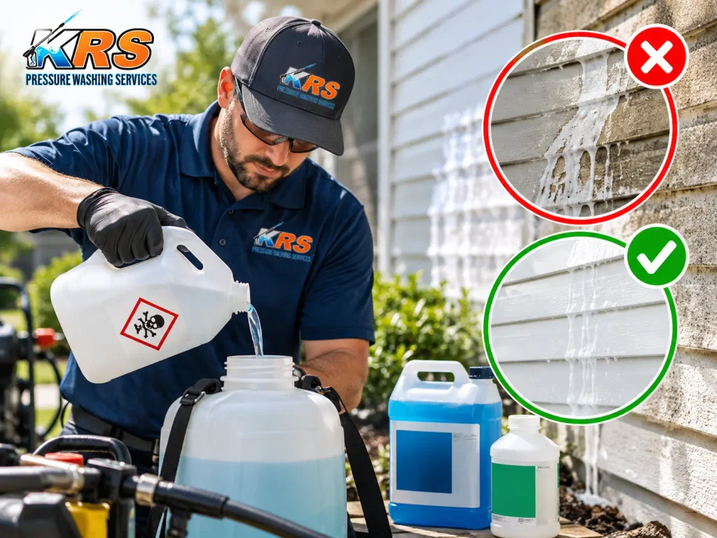 A KRS Pressure Washing professional prepares a cleaning solution with care, with a comparison graphic showing how the correct chemical mix prevents streak damage and delivers a spotless, uniform clean to home siding.