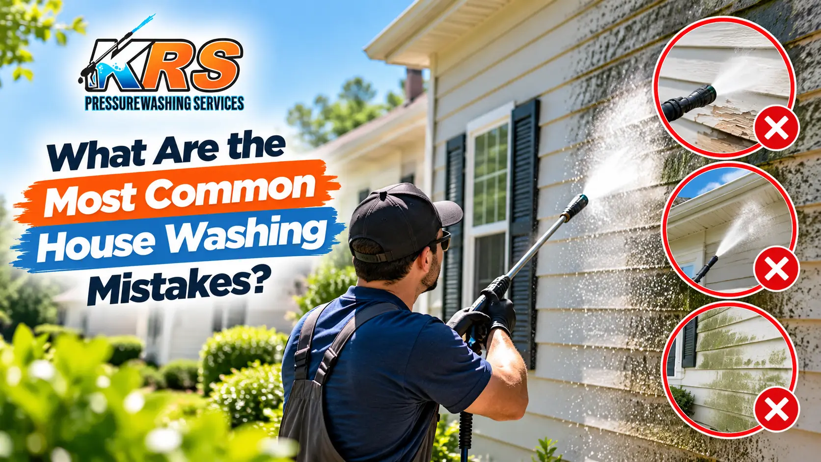 A pressure washing professional cleans a home's siding while an infographic warns against three common house washing mistakes that can cause lasting damage, highlighting the value of proper technique and expert care.