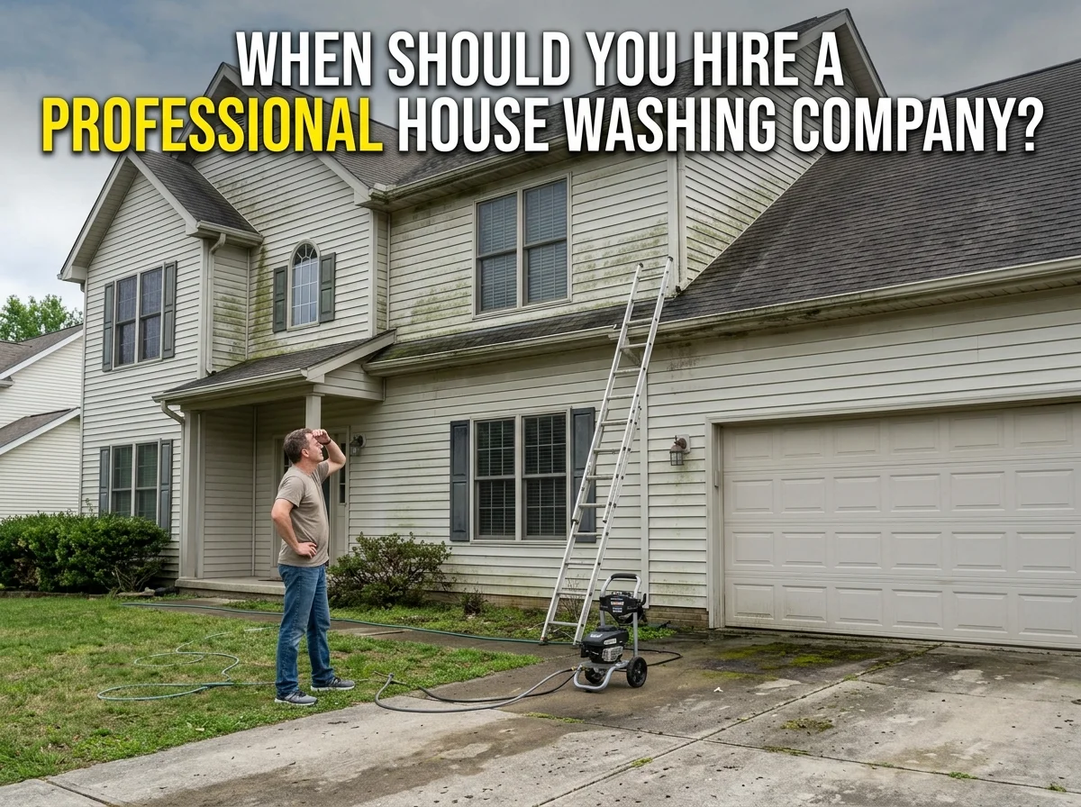 Homeowner looking up at dirty house siding with a pressure washer and ladder on the driveway, with text about hiring a professional house washing company.